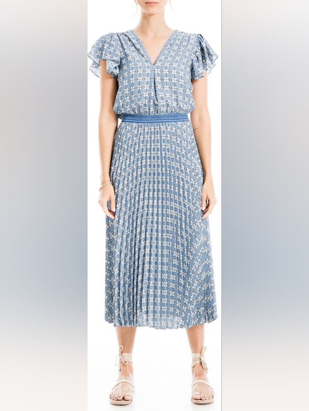 Max Studio Blue Patterned V-Neck Dress